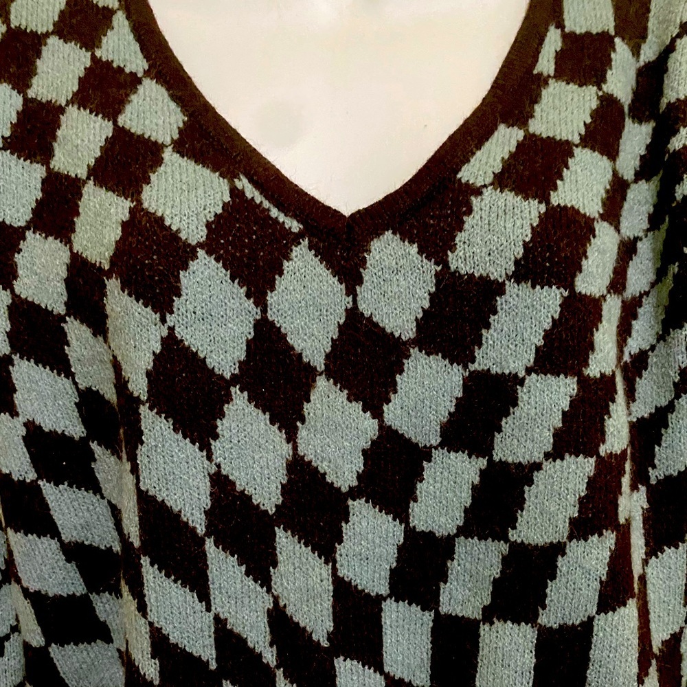 Witty Fox Light Blue Brown Argyle Sweater Cropped Oversized Preppy Academia XS - Picture 6 of 9